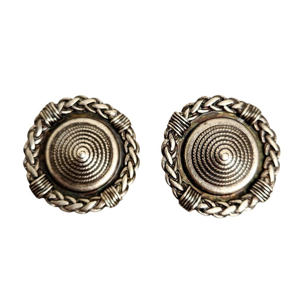 Robert Rose Aged Silver Tone Spiral Rope Woven Round Clip On Earrings